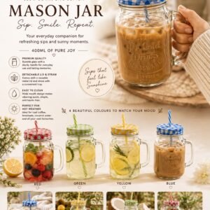 400ML Mason Jar with Reusable Straw – Stylish Glass Cup for Iced Coffee & Cold Drinks