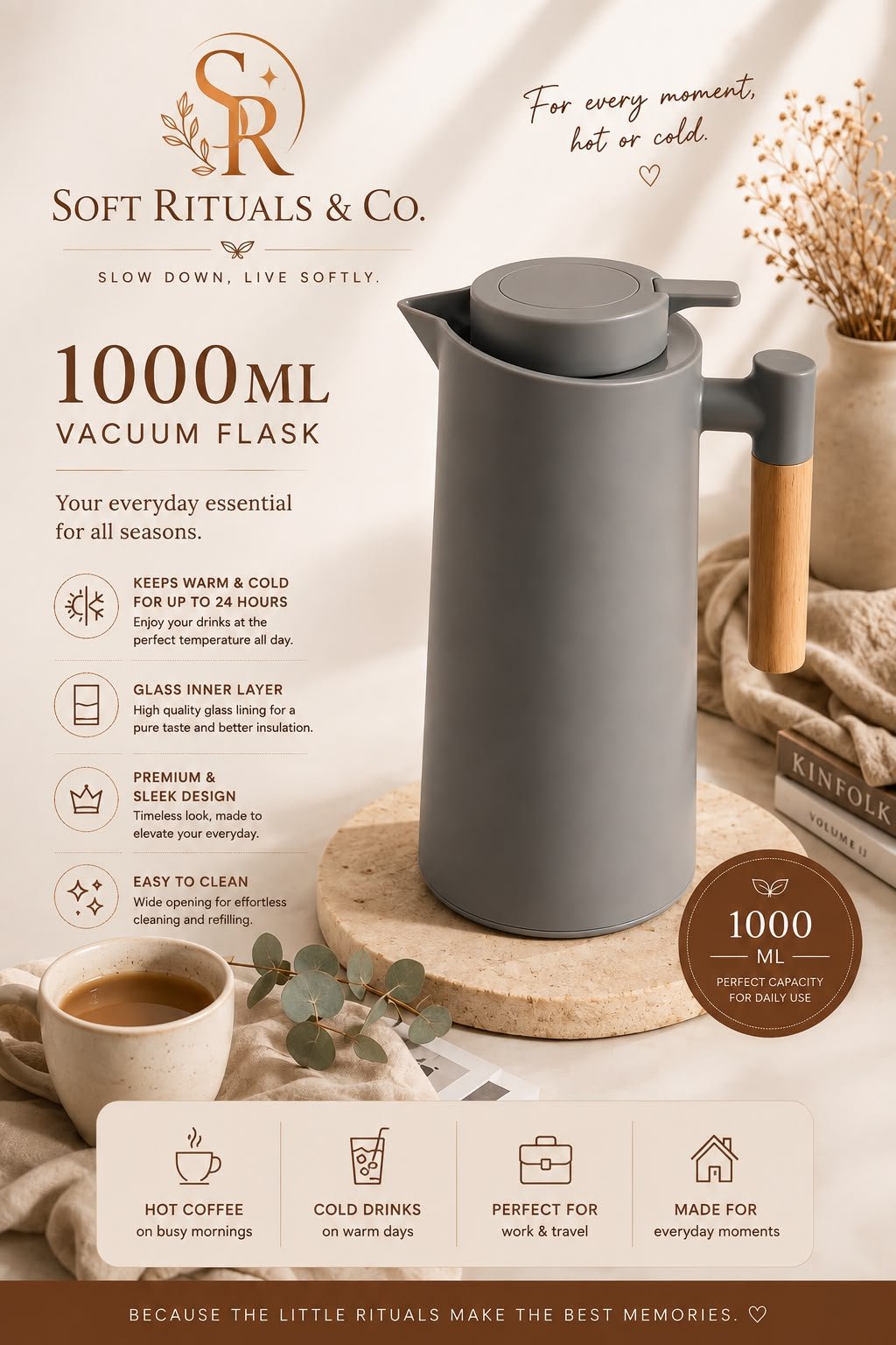 1000ML Premium Vacuum Flask – Hot & Cold Insulated Coffee & Tea Carafe